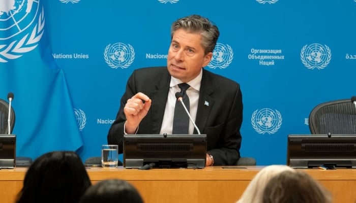 Tom Fletcher, Under-Secretary-General for Humanitarian Affairs and Emergency Relief Coordinator (UNOCHA), briefs journalists at UN Headquarters.—UN/File