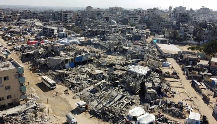 A drone view of damaged buildings, including the mental health hospital, amid a ceasefire between Israel and Hamas, in Gaza City, October 27, 2025. — Reuters