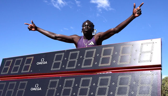 Australia’s Gout Gout celebrates after winning the men’s 200M final at the Australian Athletics Championships in Sydney on April 12, 2026. — AFP