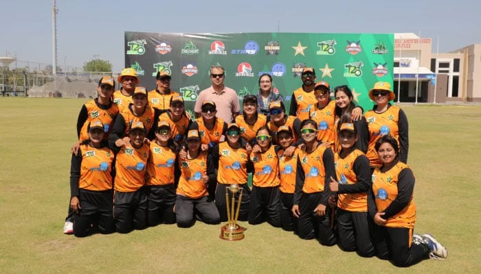Stars women’s team celebrate after winning the final of the National Women’s T20 Tournament 2025–26, defeating Invincibles at the Ghani Glass Cricket Ground in Lahore on April 12, 2026. — PCB
