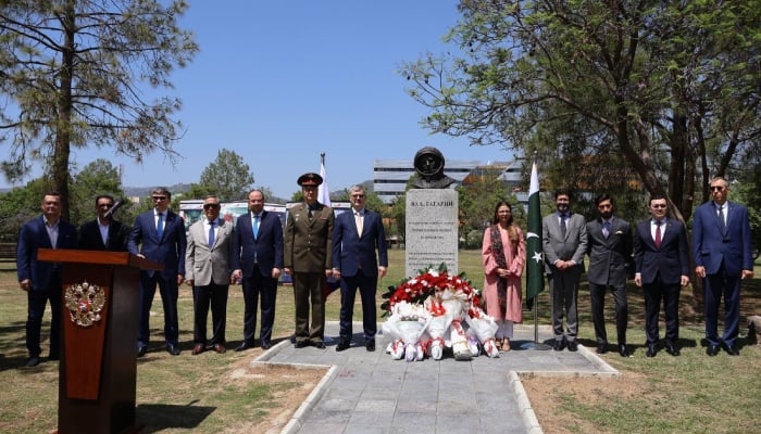 Russian Embassy organises a wreath-laying ceremony at the monument to Soviet cosmonaut Yuri Gagarin at the F-9 Fatima Jinnah Park in Islamabad on April 12, 2026. — Facebook/ Embassy of Russia in Pakistan