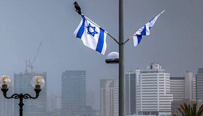 A crow perches on an Israeli flag near an empty beach along the Tel Aviv coastline, April 7, 2026. — AFP