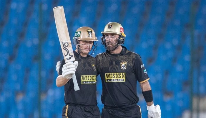 Hyderabad Kingsmens Marnus Labuschagne (left) celebrates scoring his half-century with teammate Glenn Maxwell during their PSL 11 match against Islamabad United at the National Bank Stadium in Karachi on April 12, 2026. — PCB