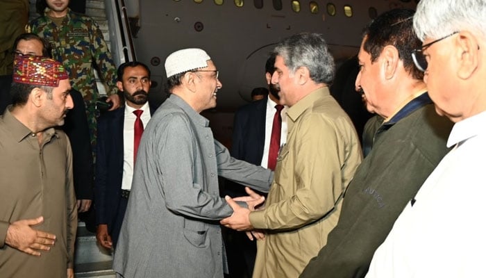 President Asif Ali Zardari is being received by Deputy Speaker of the National Assembly, Syed Ghulam Mustafa Shah, upon his arrival at Nawabshah Airport on March 19, 2026. — Facebook@Bilawalhouse