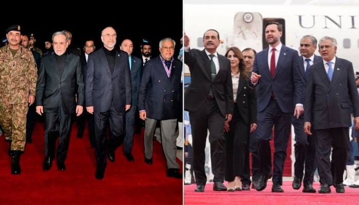 This collage shows Iranian delegation (left) led by Parliament Speaker Mohammad Baqer Ghalibaf, and US delegation led by Vice President JD Vance, arriving in Pakistan for peace talks in Islamabad on April 11, 2026. — Reuters