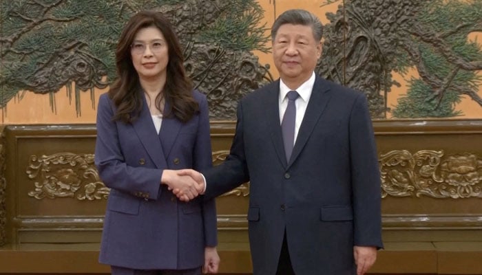 Cheng Li-wun, chairperson of the Kuomintang (KMT), Taiwans largest opposition party, shakes hands with Chinese President Xi Jinping at the Great Hall of the People in Beijing, China April 10, 2026, in this screengrab from a video provided by CTI. — Reuters