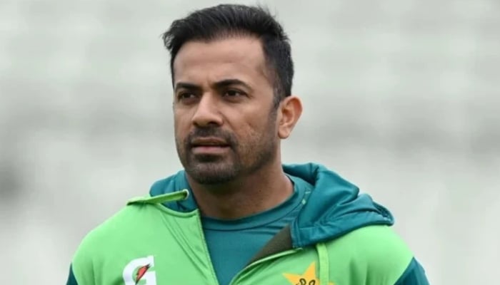 Pakistan coach Wahab Riaz during a nets session at Edgbaston on May 24, 2024 in Birmingham, England. — AFP