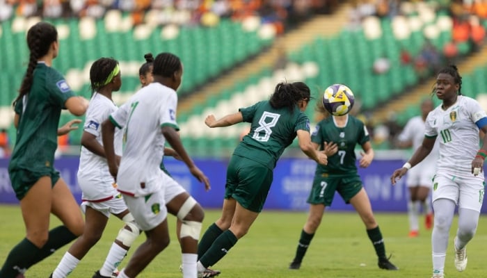 Pakistan and  Mauritania women football teams in action during their FIFA Women Series clash at the Alassane Outtara Stadium in Abidjan on Sunday.—FootballPakistan