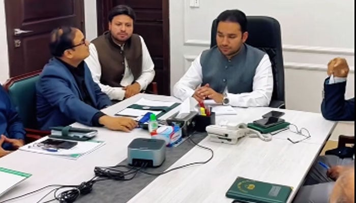 Punjab Minister for Energy and Sports Malik Faisal Ayub Khokhar chairing a meeting on April 13, 2026. — Facebook@mpafaisal161/Screengrab