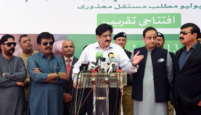 Sindh Chief Minister Syed Murad Ali Shah addressing a ceremony on April 13, 2026. — Facebook@SindhCMHouse