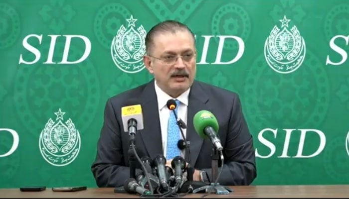 Sindh Senior Minister for Information Sharjeel Inam Memon addressing a press conference in Karachi, on April 13, 2026. — Facebook@sindhinfodepart/Screengrab