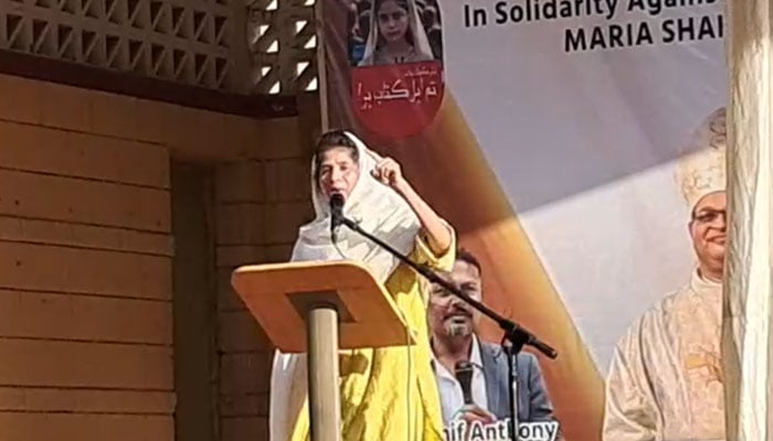 The image shows a speaker addressing a ceremony at St Patrick’s Cathedral on April 13, 2026. — Facebook@catholicsinpakistan/Screengrab