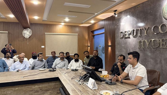 Deputy Commissioner Hyderabad Zain-ul-Abedin Memon chairing a meeting at the New DC Complex on April 13, 2026. — Facebook/Deputy Commissioner Hyderabad