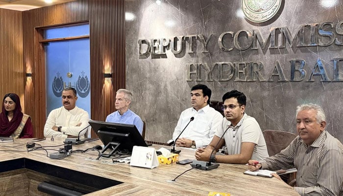 Deputy Commissioner Hyderabad Zain-ul-Abedin Memon chairing a meeting at the New DC Complex on April 13, 2026. — Facebook/Deputy Commissioner Hyderabad