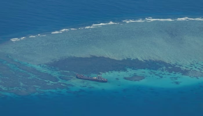 An aerial view shows the BRP Sierra Madre on the contested Second Thomas Shoal, locally known as Ayungin, in the South China Sea, March 9, 2023.—Reuters
