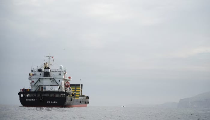 A vessel at the Strait of Hormuz, off the coast of Oman’s Musandam province, April 12, 2026.—Reuters