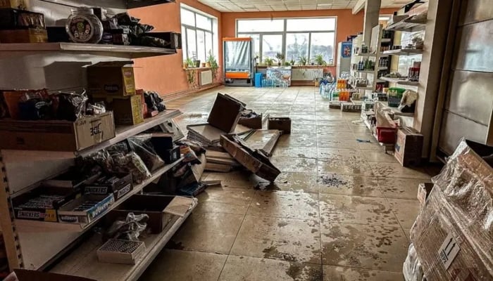 A damaged shop at the site of a Russian drone strike. —Reuters/File