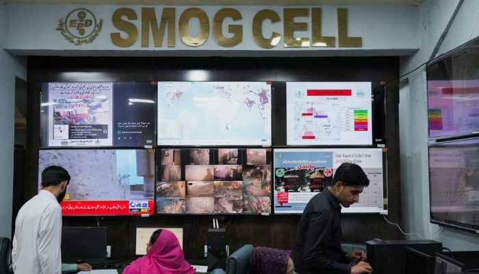 Monitor screens display the smog situation at the Smog Cell at the Environment Protection and Climate Change Department in Lahore, Pakistan, November 4, 2024. —Reuters