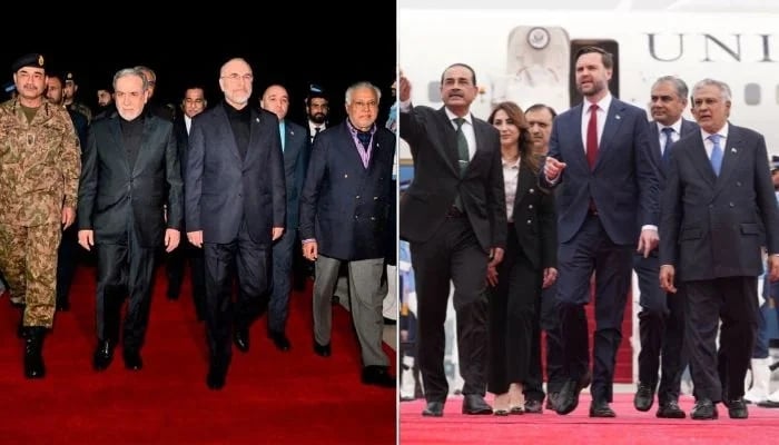 This collage shows Iranian delegation (left) led by Parliament Speaker Mohammad Baqer Ghalibaf, and US delegation led by Vice President JD Vance, arriving in Pakistan for peace talks in Islamabad on April 11, 2026. — Reuters