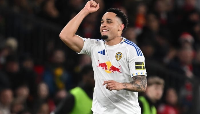Leeds striker Noah Okafor celebrates after scoring against Manchester United. —AFP