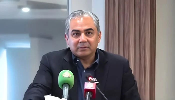 Interior Minister Mohsin Naqvi is addressing an event in Karachi on April 14, 2026. — Screengrab via Geo News