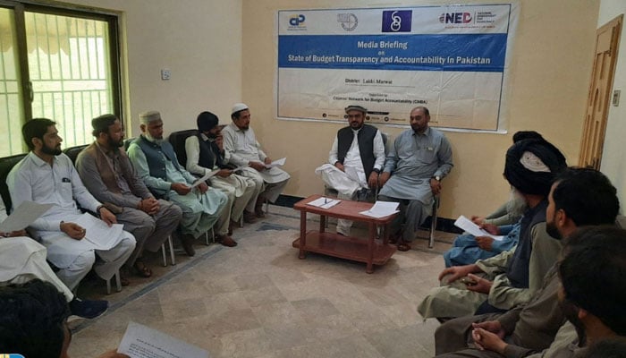 The image shows an in progress session arranged by the community development organization with the support of the Citizen Network for Budget Accountability (CNBA) and Centre for Peace and Development Initiatives (CPDI) in Lakki city  on April 14, 2026. — Facebook@CPDI.Pakistan