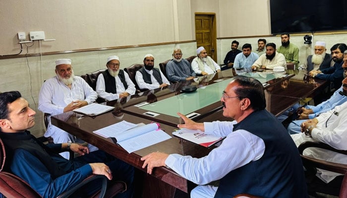 KP Minister for Labour Faisal Khan Tarakai is in a meeting with a delegation comprising representatives of various labour associations, on April 14, 2026. — Facebook@FaisalKTarakai