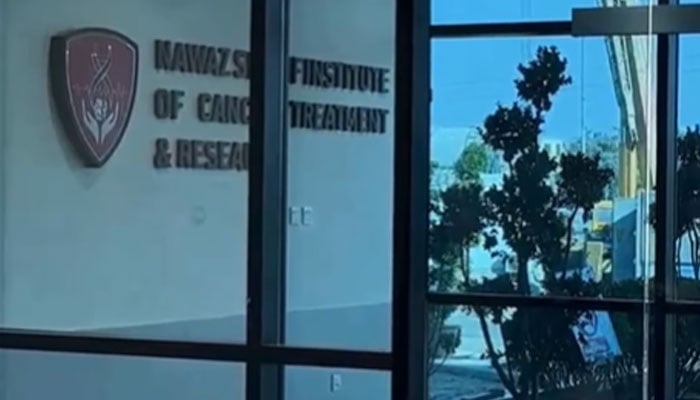 The image shows the entrance of the Nawaz Sharif Cancer Hospital.  — Facebook@TheMaryamNSharif/Screengrab