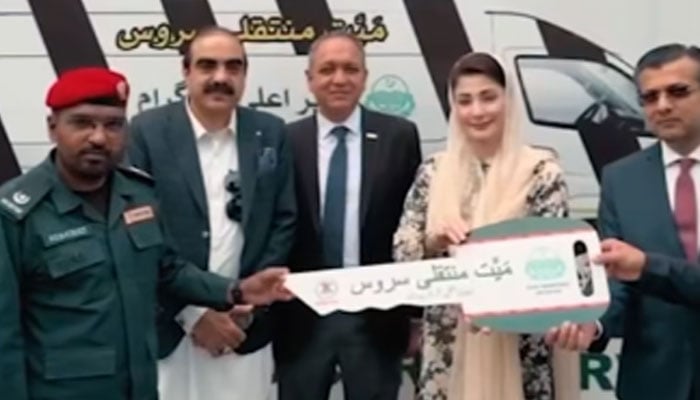Punjab CM Maryam Nawaz handing the representational key to the Rescue 1122 after launching a free dead body transport service in Rawalpindi  on April 14, 2026. — Facebook@TheMaryamNSharif/Screengrab