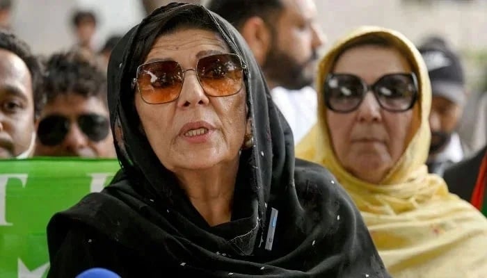Aleema Khan, sister of Imran Khan, speaks to the media after a court verdict outside the Islamabad High Court on June 3, 2024. — AFP
