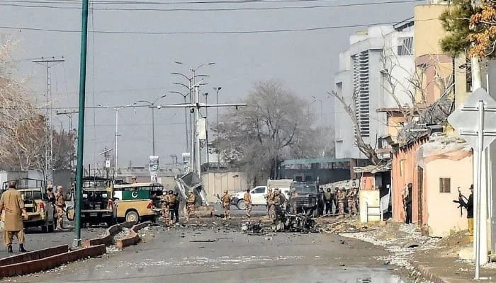 Security personnel inspect a blast site after an attack by terrorists in Quetta, Balochsitan on January 31, 2026. — AFP