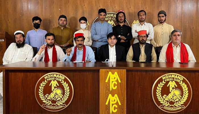 Local leaders addressing a press conference at at the Mohmand Press Club on April 15, 2026. — Facebook@MohmandNews