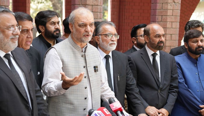 Jamaat-e-Islami Pakistan Emir Hafiz Naeemur Rehman talking to the media outside the Lahore High Court on April 15, 2026. — Facebook@HafizNaeemRehman