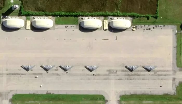 This satellite image, taken on April 2, 2025, by Planet Labs PBC, shows six US B-2 bombers on the tarmac at the US military base on Diego Garcia in the Indian Ocean. — AFP