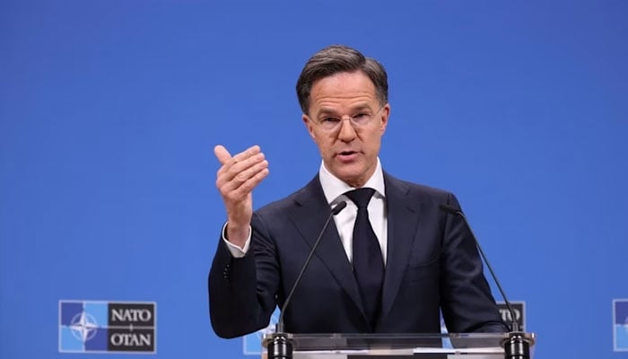 NATO Secretary General Mark Rutte gestures during a press conference to present his 2025 Annual Report, at NATO headquarters in Brussels, Belgium March 26, 2026. —Reuters