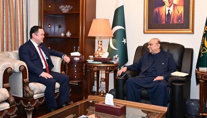 President Asif Ali Zardari is in a meeting with Ambassador of the Republic of Uzbekistan to Pakistan Alisher Tukhtaev on April 15, 2026. — PID
