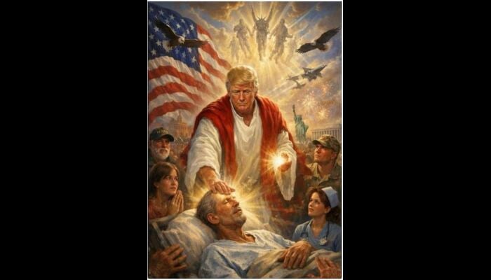 A post on US President Donald Trumps Truth Social account depicts an AI-generated image of himself apparently as Jesus posted on April 12, 2026.—Reuters