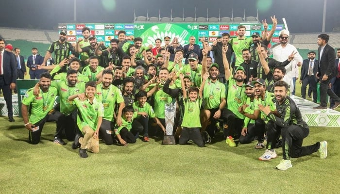 Lahore Qalandars team celebrating with the PSL X trophy on May 25, 2025. — Facebook@thePSL