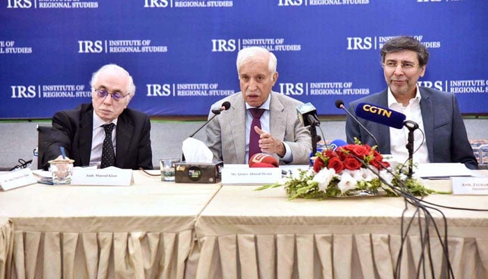 Federal Minister for Board of Investment Qaiser Ahmed Sheikh addresses Policy Dialogue on Strengthening Governance and Implementation Strategies for CPEC 2.0 at Institute of Regional Studies Islamabad on April 15, 2026. — APP