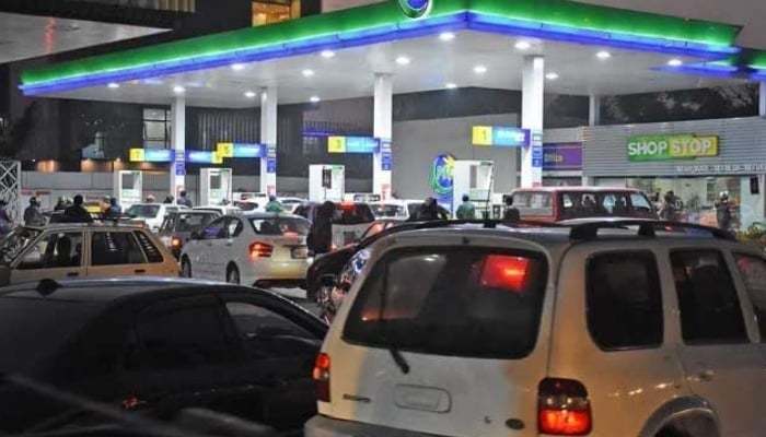 Vehicles lined up at the Pakistan State Oil petrol pump in this undated photo. — Online/File