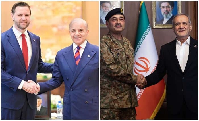 This collage shows US Vice President JD Vance meeting PM Shehbaz Sharif in Islamabad (left) while the second photo shows CDF Field Marshal Asim Munir meeting Iranian President Masoud Pezeshkian in Tehran. — X/@GovtofPakistan/@PressTV/File
