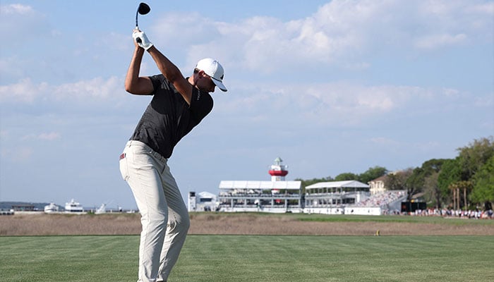 Ludvig Aberg of Sweden plays his shot from the 18th tee during the second round of the RBC Heritage 2026 at Harbour Town Golf Links on April 17, 2026 in Hilton Head Island, South Carolina. — AFP