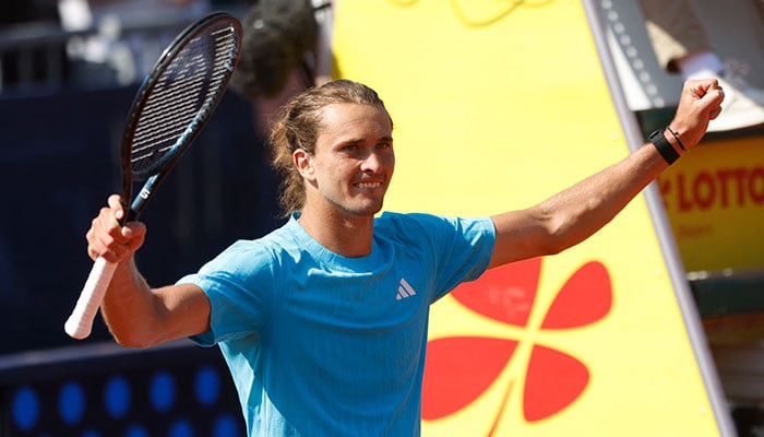 Germanys Alexander Zverev celebrates after winning his quarter final match against Argentinas Francisco Cerundolo, Munich Open - MTTC Iphitos, Munich, Germany - April 17, 2026. — Reuters
