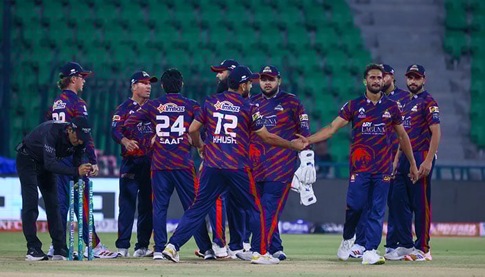Karachi Kings players celebrate a wicket during the PSL 11 match against Quetta Gladiators at Gaddafi Stadium, Lahore, on March 27, 2026. — PSL