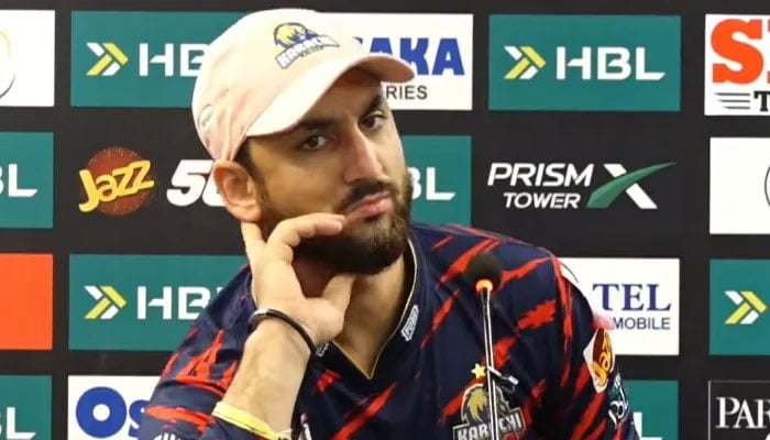 Karachi Kings all-rounder Salman Ali Agha speaks during a media conference after a defeat against Islamabad United in Pakistan Super League (PSL) 11 at the National Bank Stadium in Karachi on April 16, 2026. – PSL