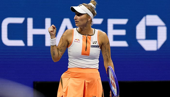 Marketa Vondrousova reacts after winning the first set against Elena Rybakina (KAZ) (not pictured) on day eight of the 2025 US Open tennis championships at Billie Jean King National Tennis Center, August 31, 2025. — Reuters