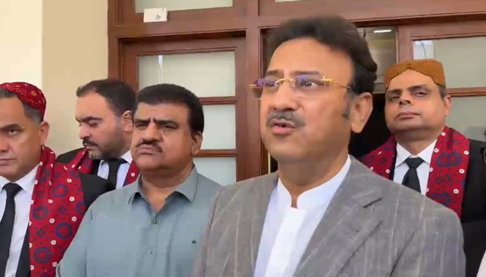 Sindh Home Minister Ziaul Hassan Lanjar talking to the media persons on April 17, 2026. — X@HomeSindh/Screengrab