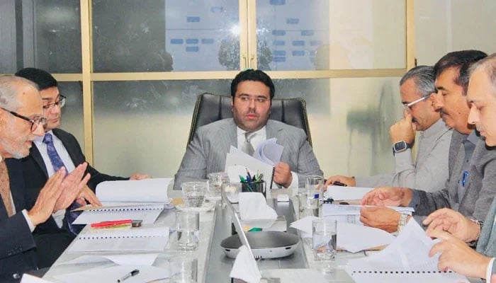 Sindh Food Minister Makhdoom Mehboobuz Zaman chairs a meeting in this image. — Facebook@makhdoommehboubzamanmpa/File