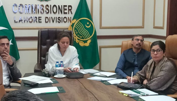 Commissioner Lahore Division Marryam Khan chairing a meeting on April 15, 2026. — Facebook@commissionerlahoredivision