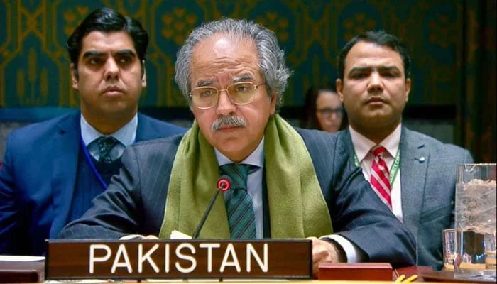 Pakistan’s Permanent Representative to the UN Ambassador Asim Iftikhar Ahmad speaks during a meeting. — X@PakistanUN/File